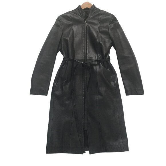 Vintage Black Leather Long Coat With Belt & Zipper Closure - Picture 1 of 13